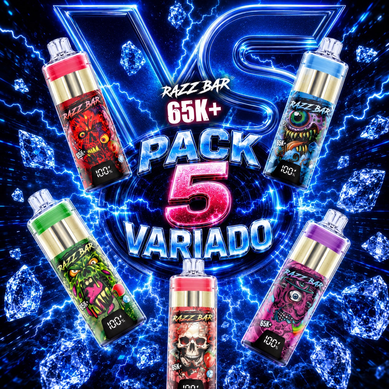 Pack 5 ahorro Razzbar 65K Plus vapers desechables recargables con sabores variados