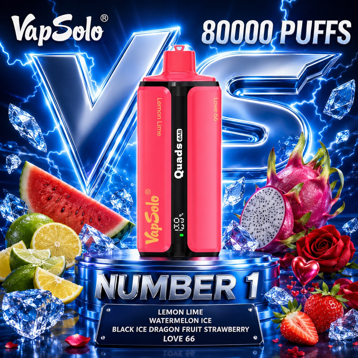 Vapsolo Quads 80K Puffs sabor Lemon Lime, Watermelon Ice, Black Ice Dragon Fruit Strawberry y Love 66