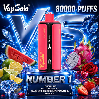 Vapsolo Quads 80K Puffs sabor Lemon Lime, Watermelon Ice, Black Ice Dragon Fruit Strawberry y Love 66