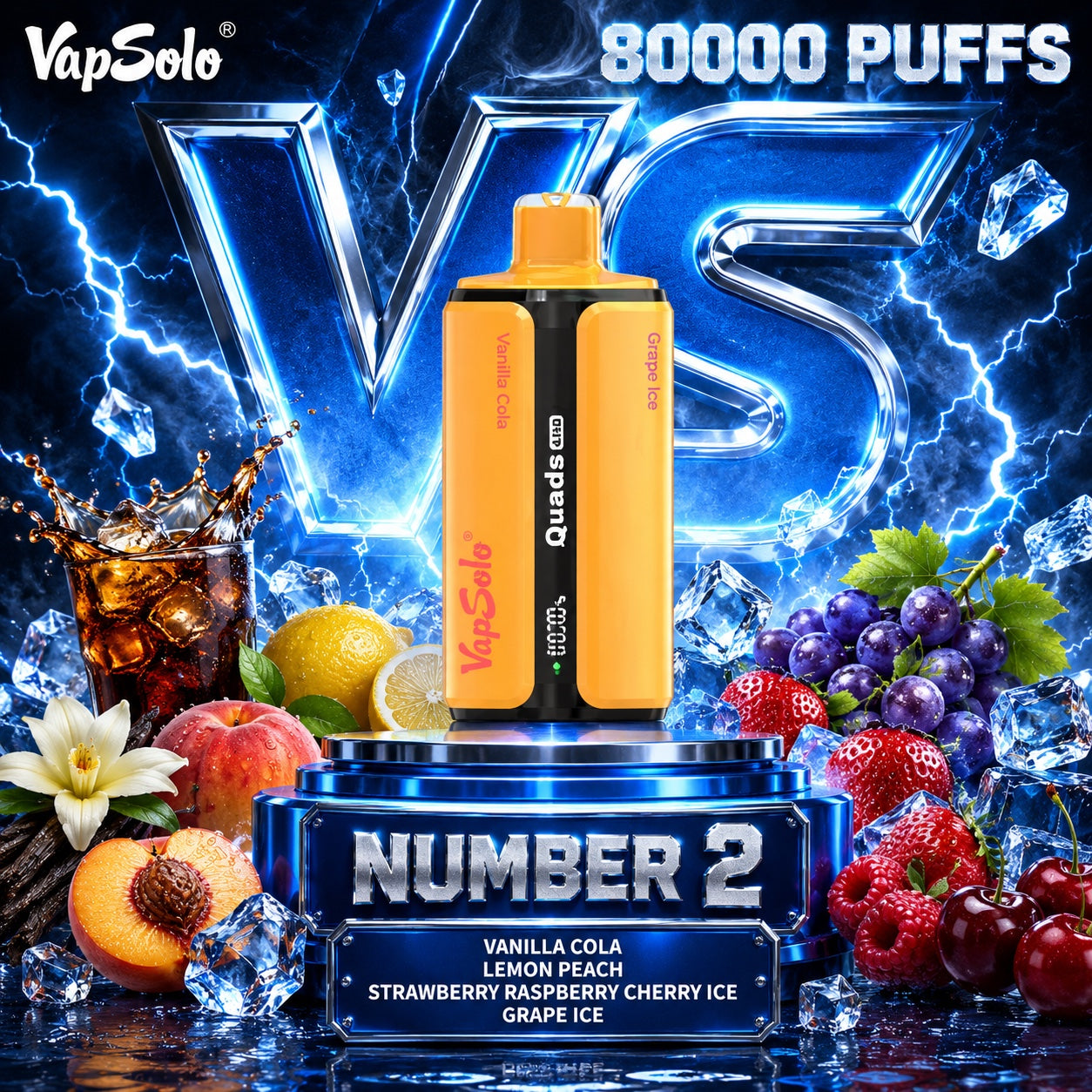 Vapsolo Quads 80K Puffs sabor Vanilla Cola, Lemon Peach, Strawberry Raspberry Cherry Ice y Grape Ice