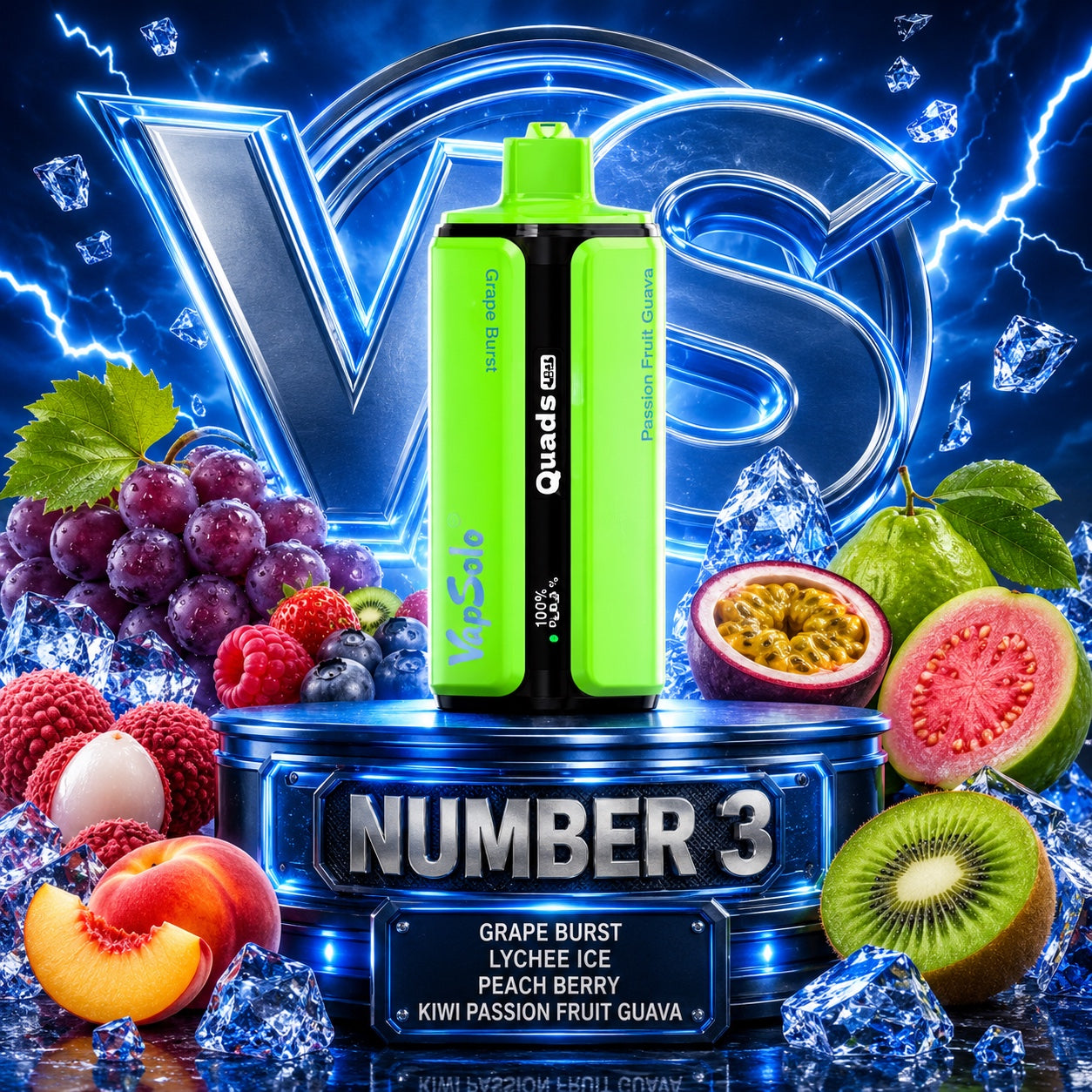 Vapsolo Quads 80K Puffs sabor Grape Burst, Lychee Ice, Peach Berry y Kiwi Passion Fruit Guava