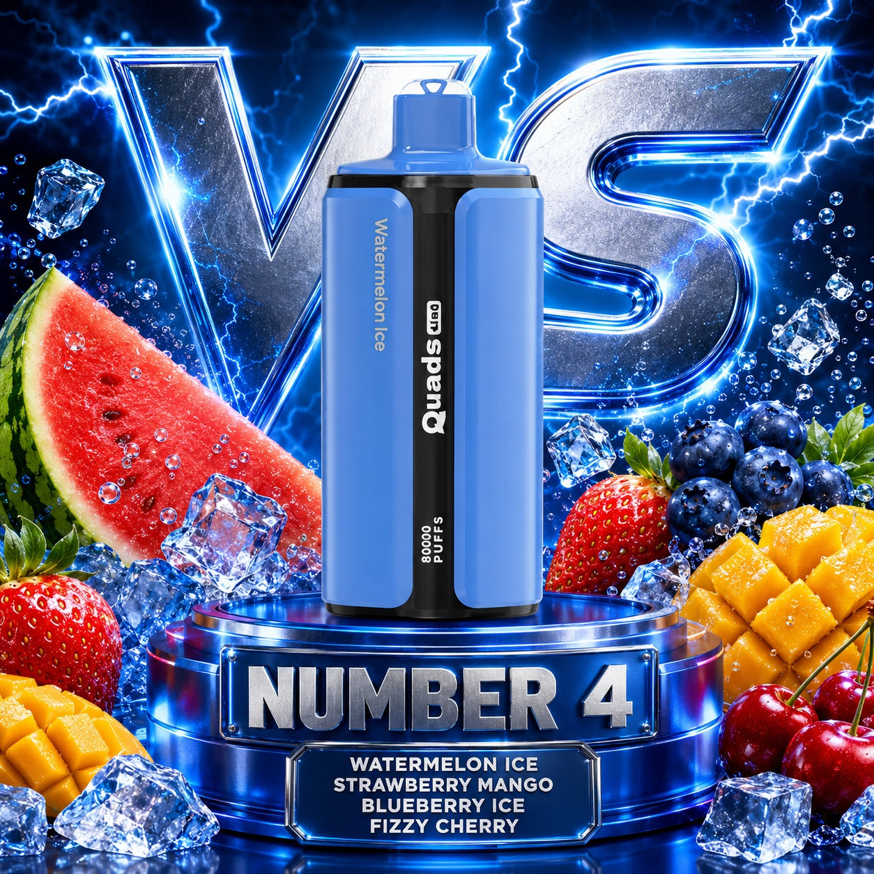 Vapsolo Quads 80K Puffs sabor Watermelon Ice, Strawberry Mango, Blueberry Ice y Fizzy Cherry