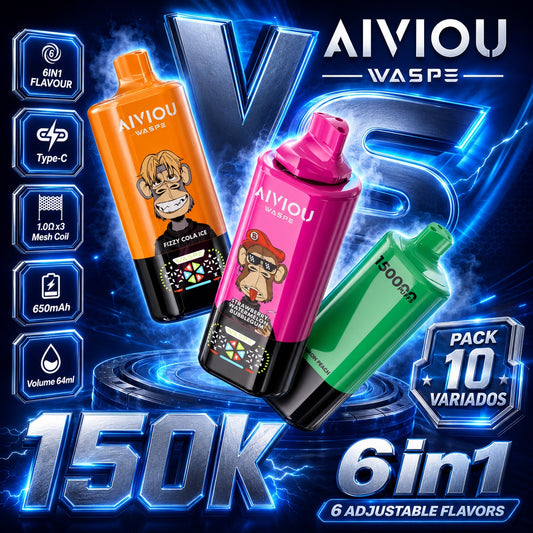 AIVIOU 150K Puffs vape desechable 6 en 1 con pack de 10 variados