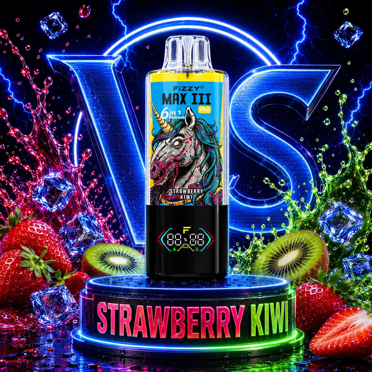 Fizzy Max III Pro 120K Puffs vape desechable 6 en 1 sabor Coco Loco, Strawberry Kiwi y Ice Mint 