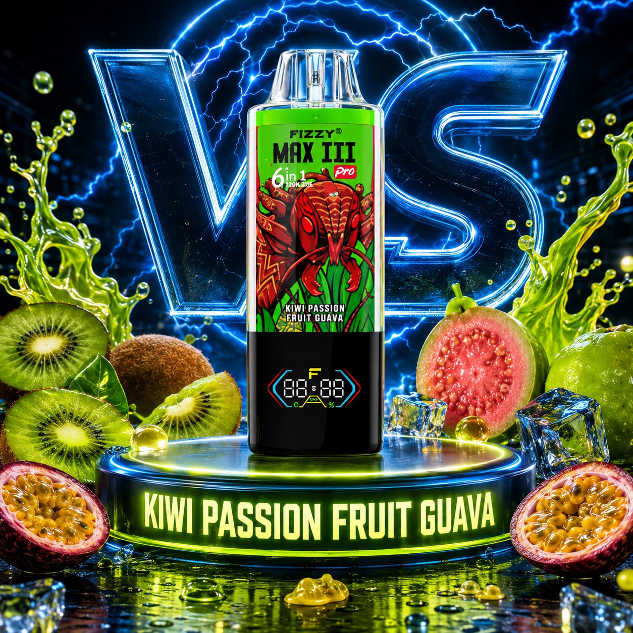 Fizzy Max III Pro 120K Puffs vape desechable 6 en 1 sabor Mixed Berry, Kiwi Passion Fruit Guava y Strawberry Watermelon 