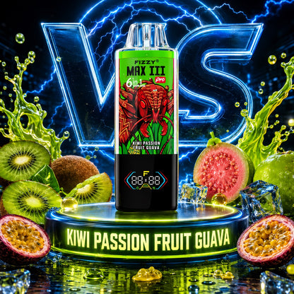 Fizzy Max III Pro 120K Puffs vape desechable 6 en 1 sabor Mixed Berry, Kiwi Passion Fruit Guava y Strawberry Watermelon 