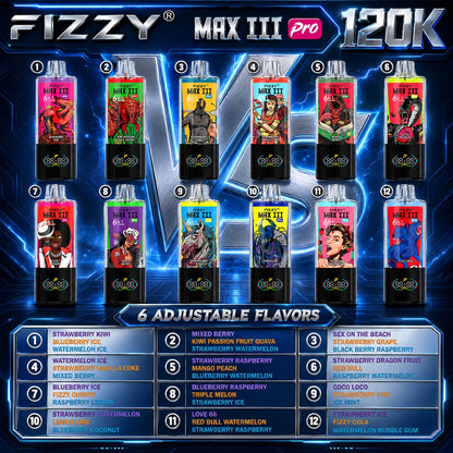 Fizzy Max III Pro 120K Puffs vape desechable 6 en 1 con sabores ajustables