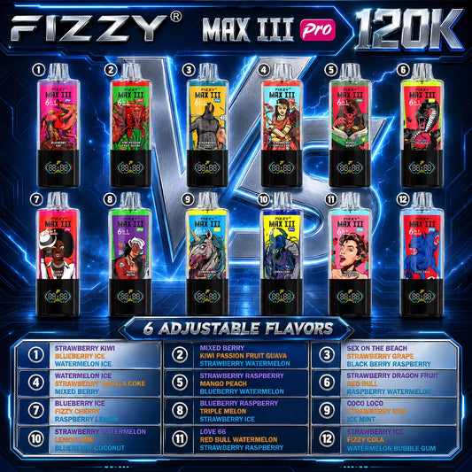 Fizzy Max III Pro 120K Puffs vape desechable 6 en 1 con sabores ajustables