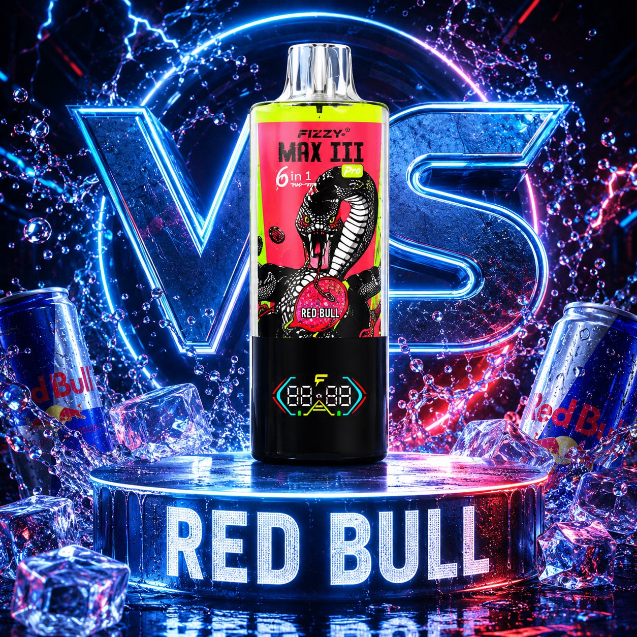 Fizzy Max III Pro 120K Puffs vape desechable 6 en 1 sabor Strawberry Dragon Fruit, Red Bull y Raspberry Watermelon 