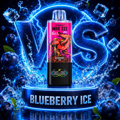 . Fizzy Max III Pro 120K Puffs vape desechable 6 en 1 sabor Strawberry Kiwi, Blueberry Ice y Watermelon Ice 