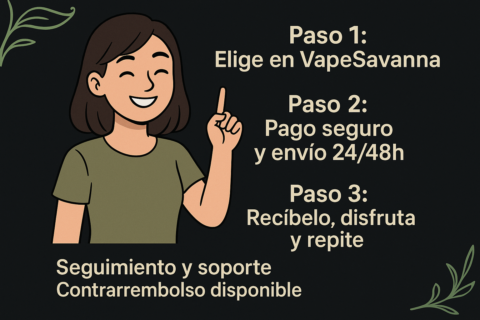 Ilustración digital de una chica sonriente mostrando los pasos de compra en VapeSavanna. Fondo oscuro con detalles en verde elegante. Texto grande y centrado: Paso 1: Elige en VapeSavanna, Paso 2: Pago seguro y envío 24/48h, Paso 3: Recíbelo, disfruta y repite. Abajo centrado: Seguimiento y soporte, Contrarrembolso disponible. Estilo moderno, limpio y profesional, válido para móvil y ordenador.  ponlo bien que ponga lo de paso 1 paso 2 paso 3