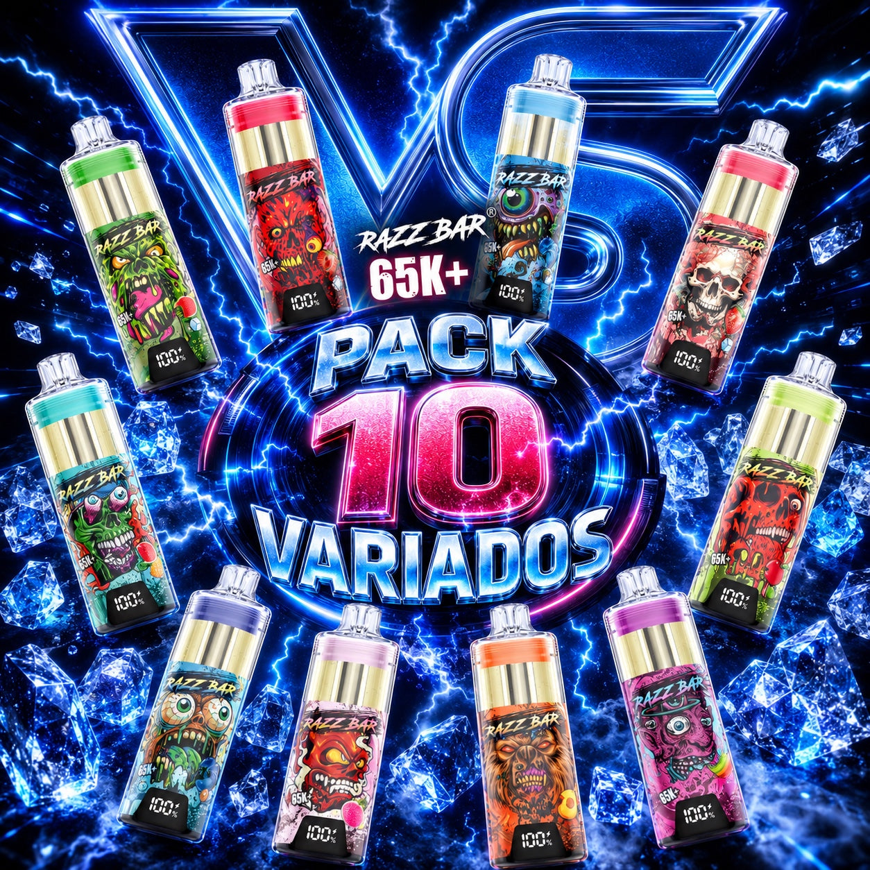 Pack 10 variados Razzbar 65K Plus vapers desechables recargables con sabores surtidos
