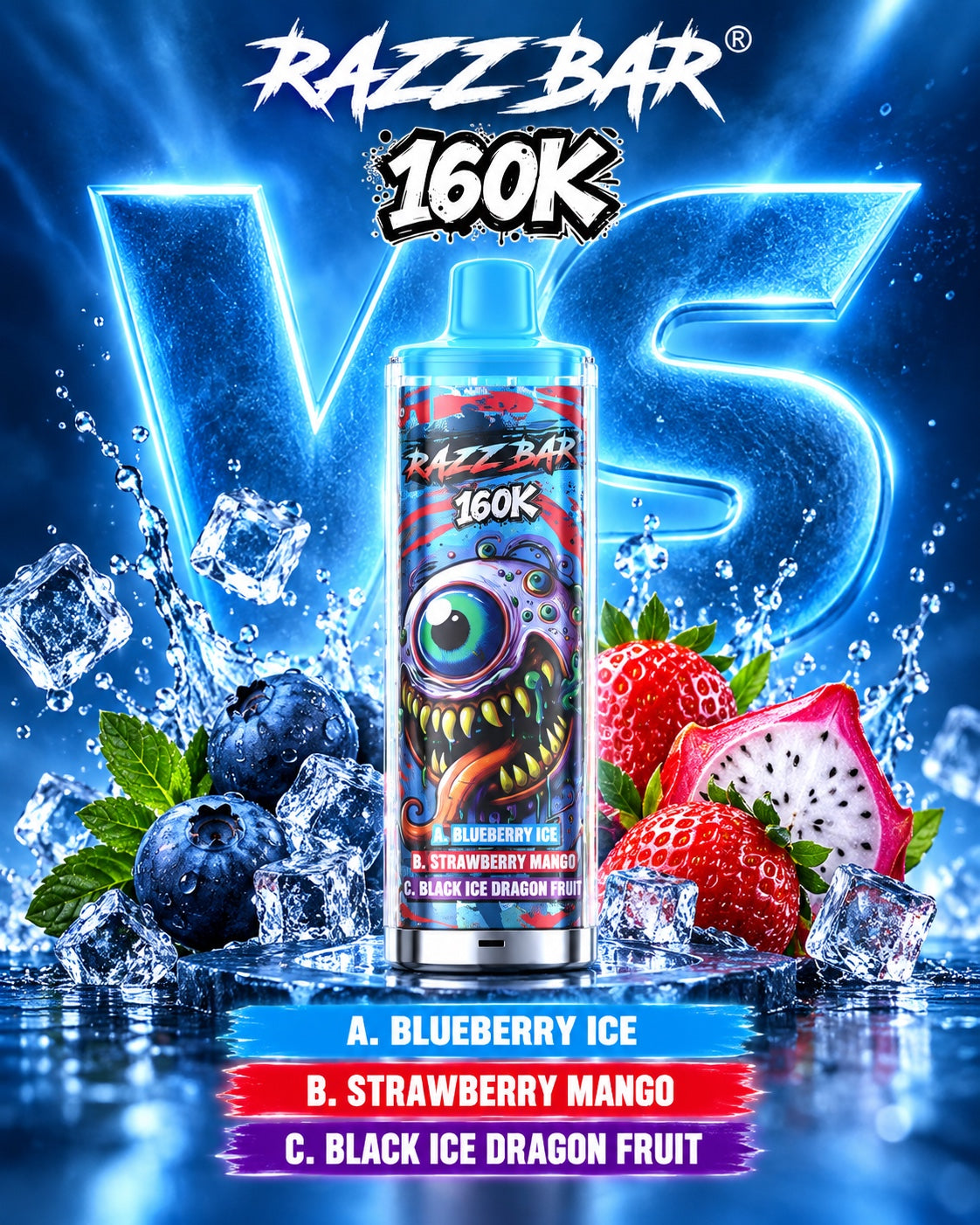     Razz Bar 160K 3 en 1 sabor Blueberry Ice Strawberry Mango y Black Ice Dragon Fruit