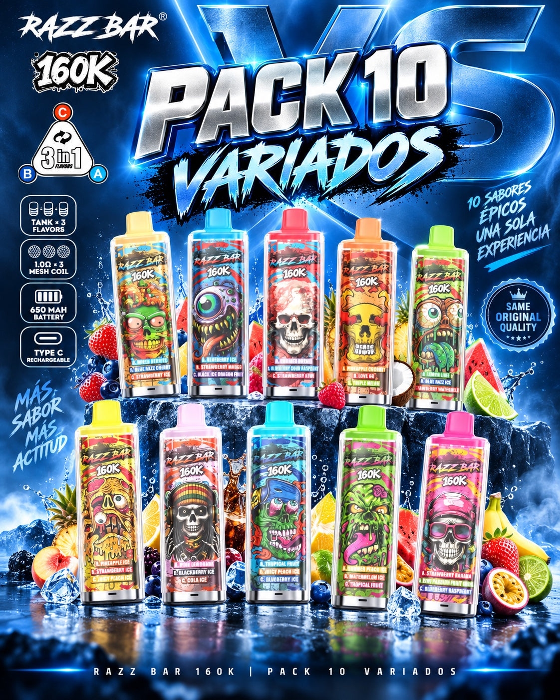     Pack 10 variados Razz Bar 160K 3 en 1 con sabores surtidos