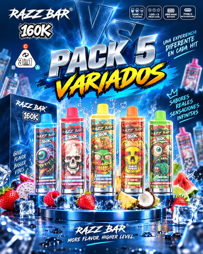 Pack 5 variados Razz Bar 160K 3 en 1 con sabores surtidos
