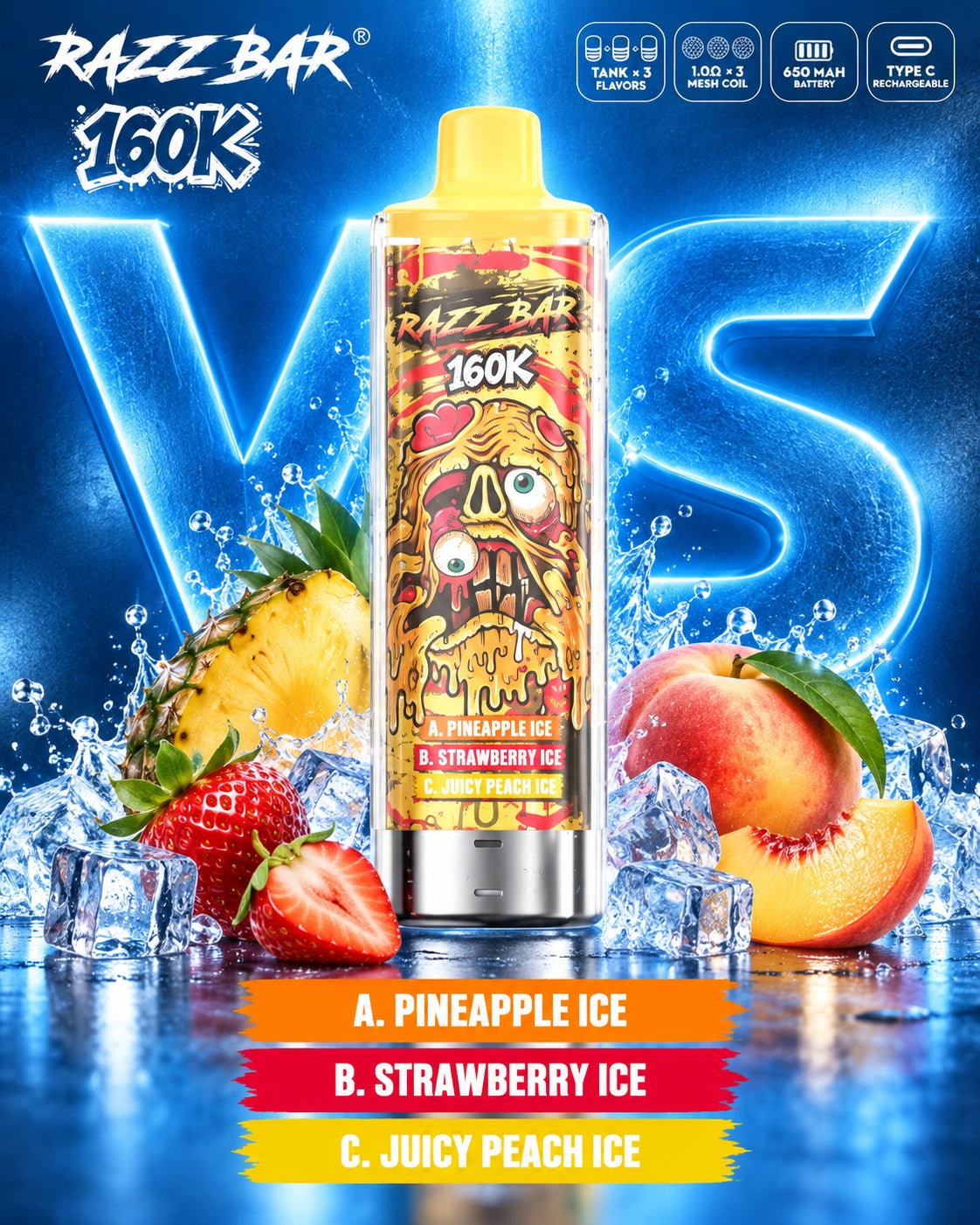     Razz Bar 160K 3 en 1 sabor Pineapple Ice Strawberry Ice y Juicy Peach Ice