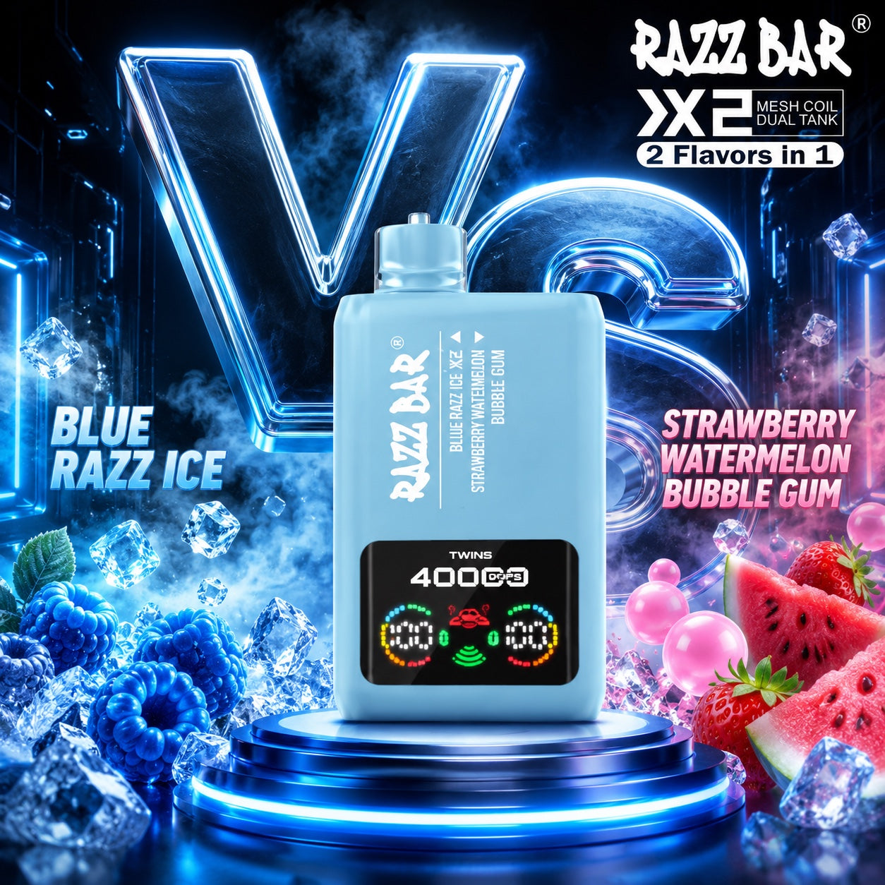  `Razz Bar 40000 Puffs X2 sabor Blue Razz Ice y Strawberry Watermelon Bubble Gum` |