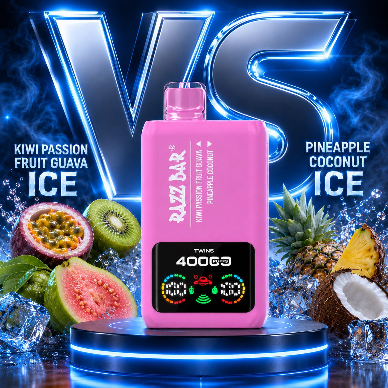 `Razz Bar 40000 Puffs X2 sabor Kiwi Passion Fruit Guava y Pineapple Coconut`  