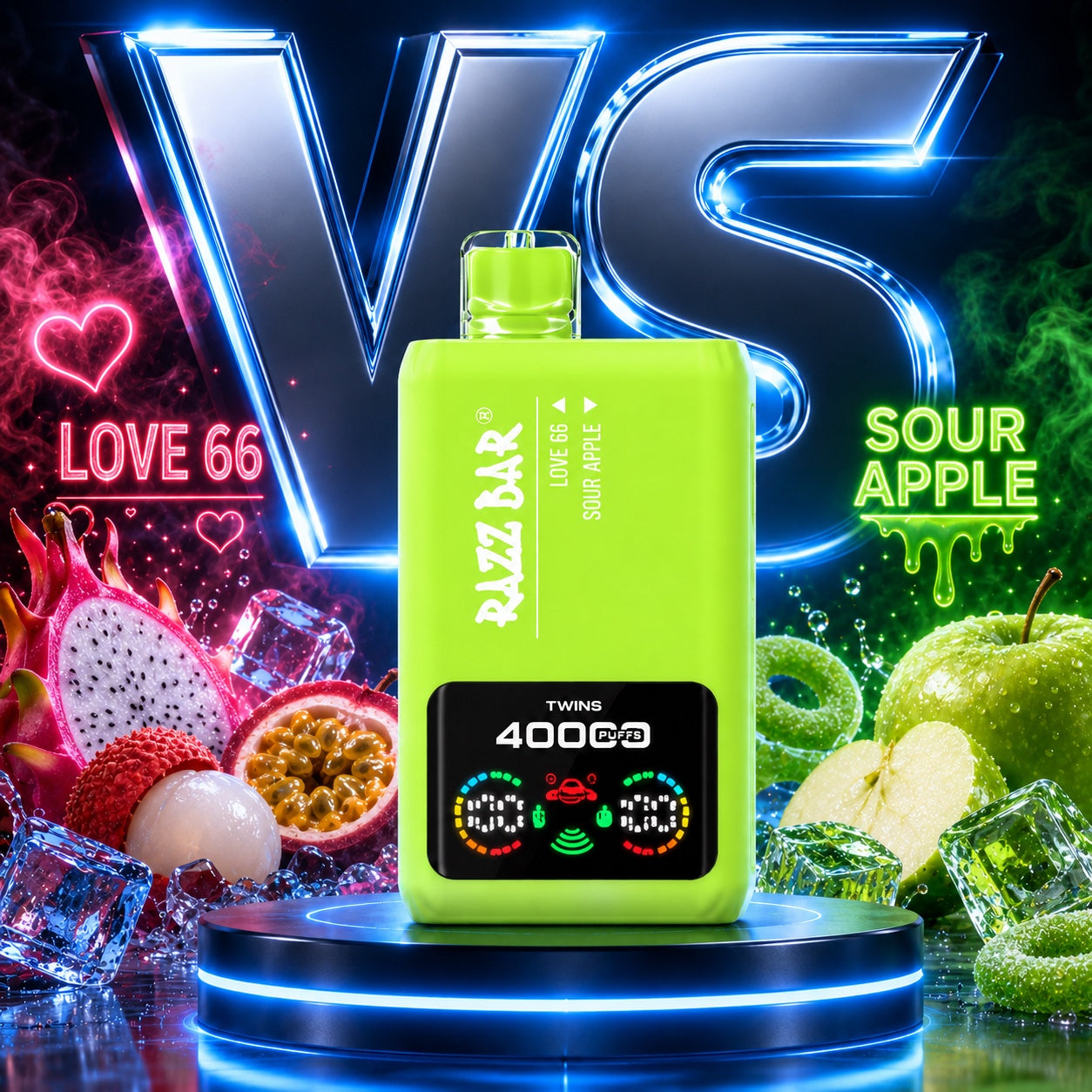 `Razz Bar 40000 Puffs X2 sabor Love 66 y Sour Apple`                   