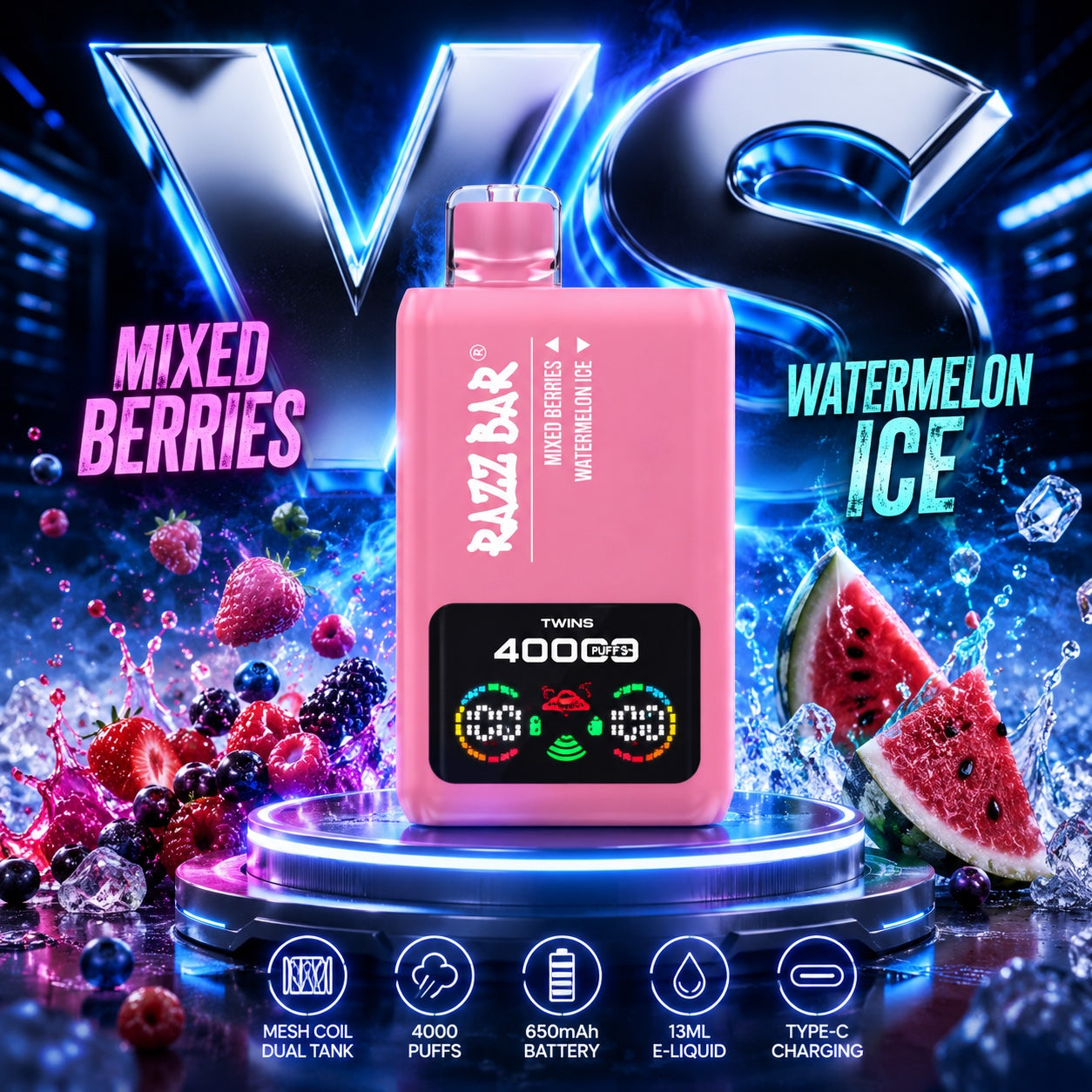 `Razz Bar 40000 Puffs X2 sabor Mixed Berries y Watermelon Ice`   
