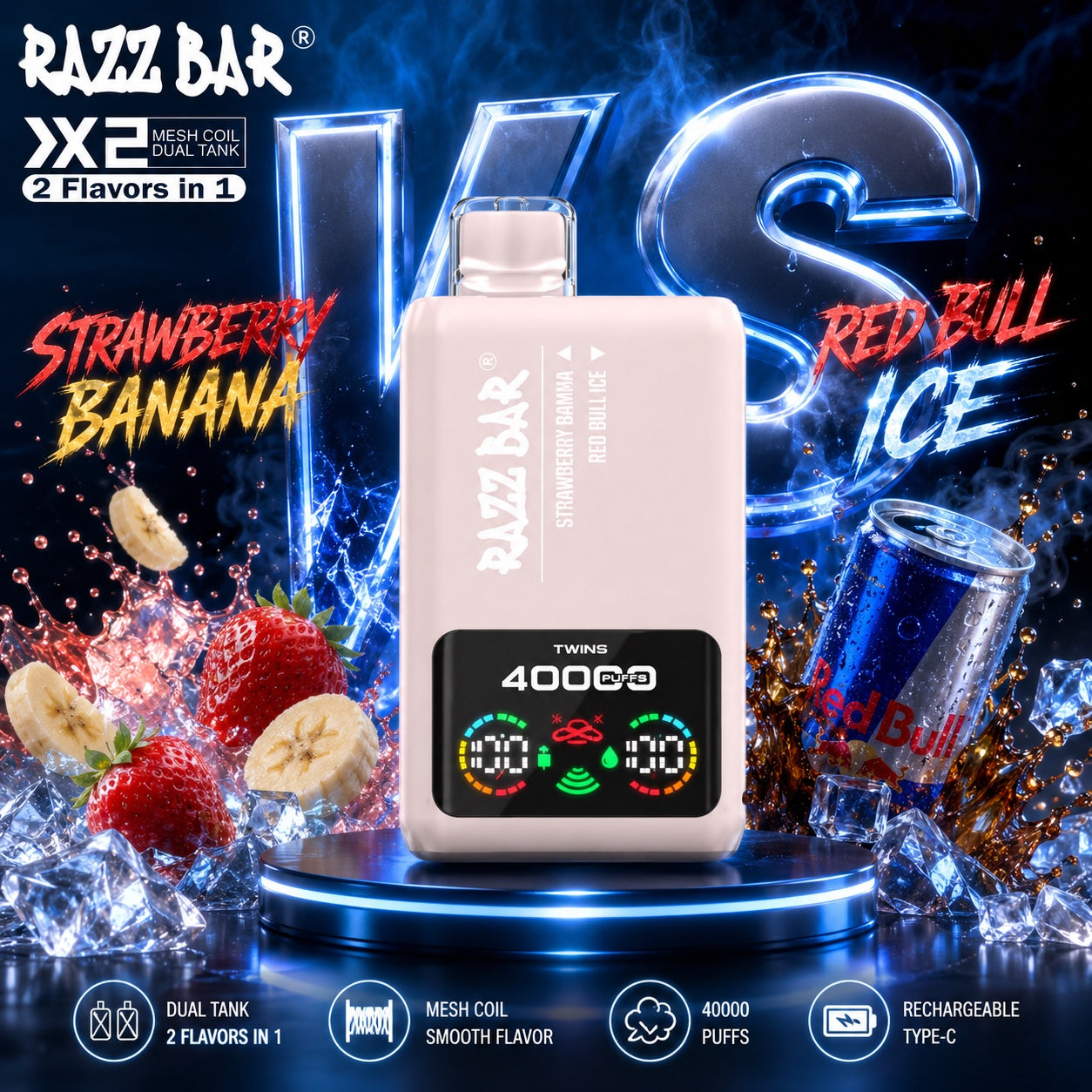 Razz Bar 40000 Puffs X2 sabor Strawberry Banana y Red Bull Ice`  