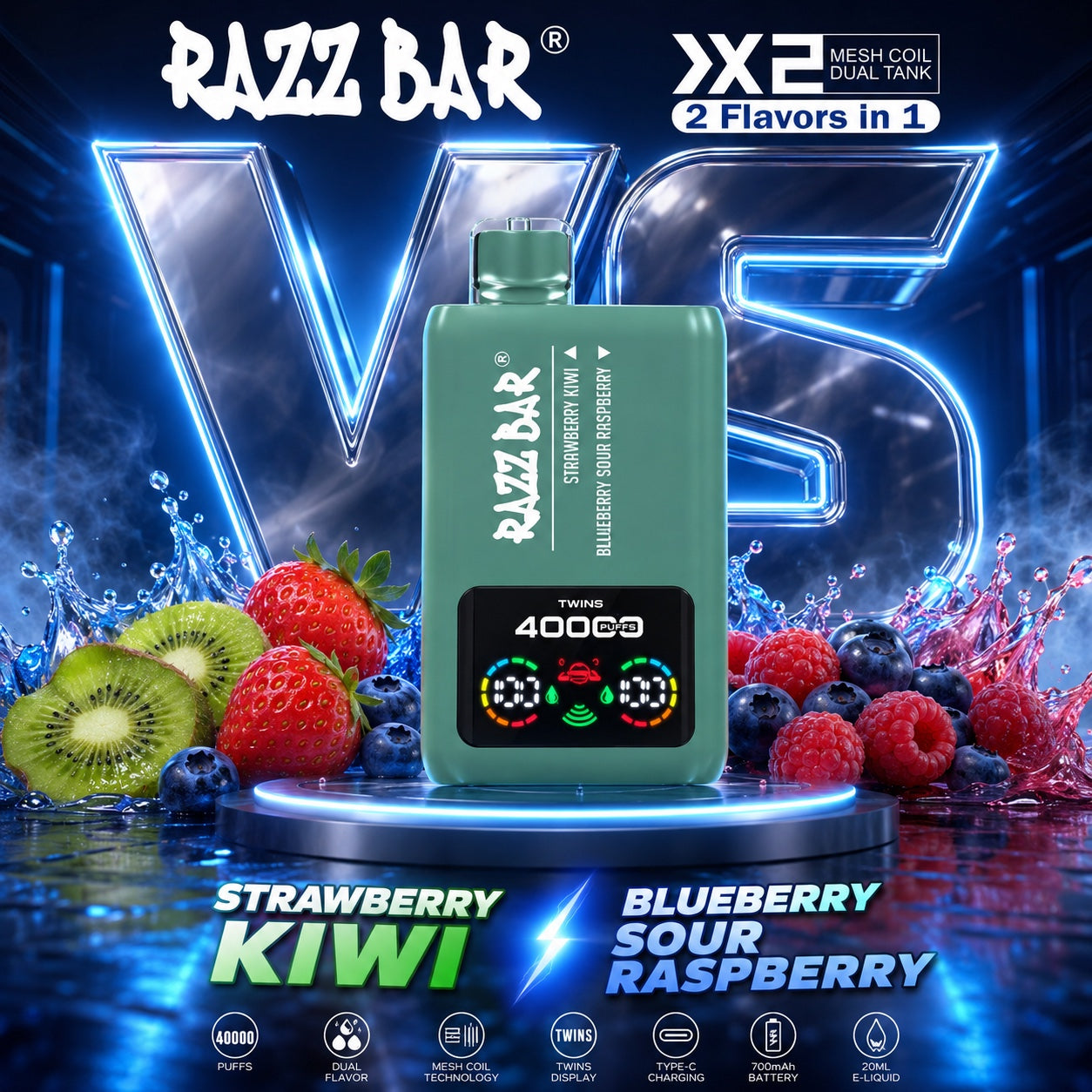  `Razz Bar 40000 Puffs X2 sabor Strawberry Kiwi y Blueberry Sour Raspberry`