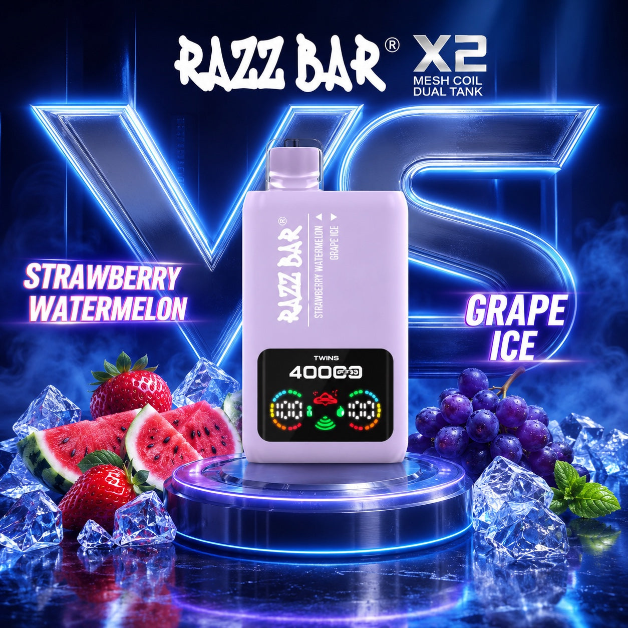  `Razz Bar 40000 Puffs X2 sabor Strawberry Watermelon y Grape Ice` 