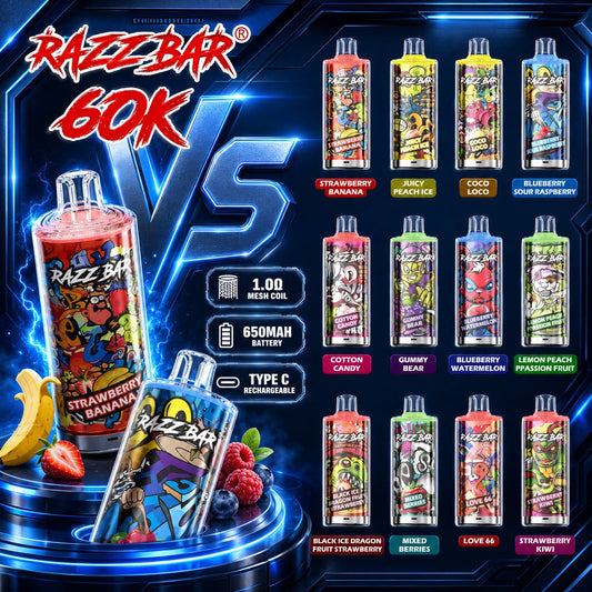 Razz Bar 60K Puffs vape desechable con 16 sabores disponibles