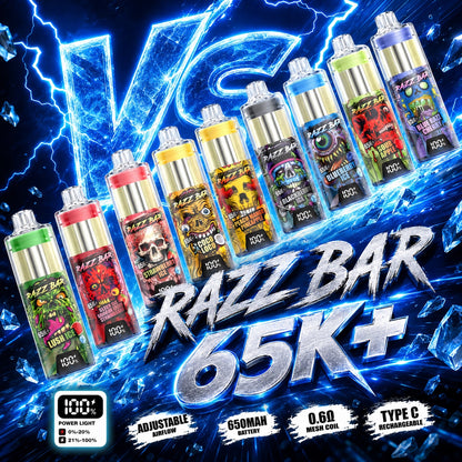 Razzbar 65K Plus vapers desechables recargables con sabores variados y carga USB tipo C