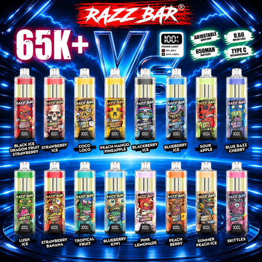 Razzbar 65K Plus vaper desechable con sabores variados, batería 650 mAh, airflow ajustable y carga USB tipo C