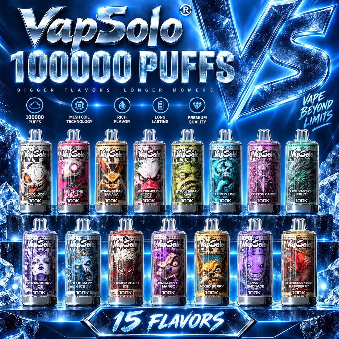     Vapsolo 100K 100000 puffs con 15 sabores disponibles