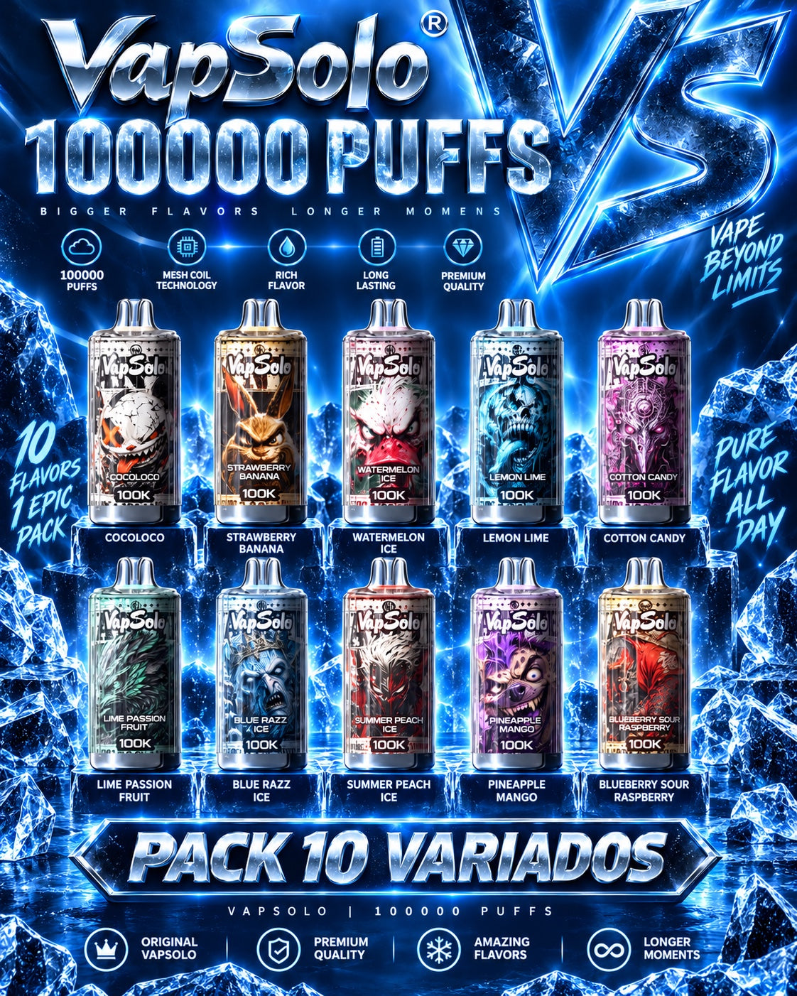 VAPSOLO 100K PUFFS DESECHABLES PACK 10