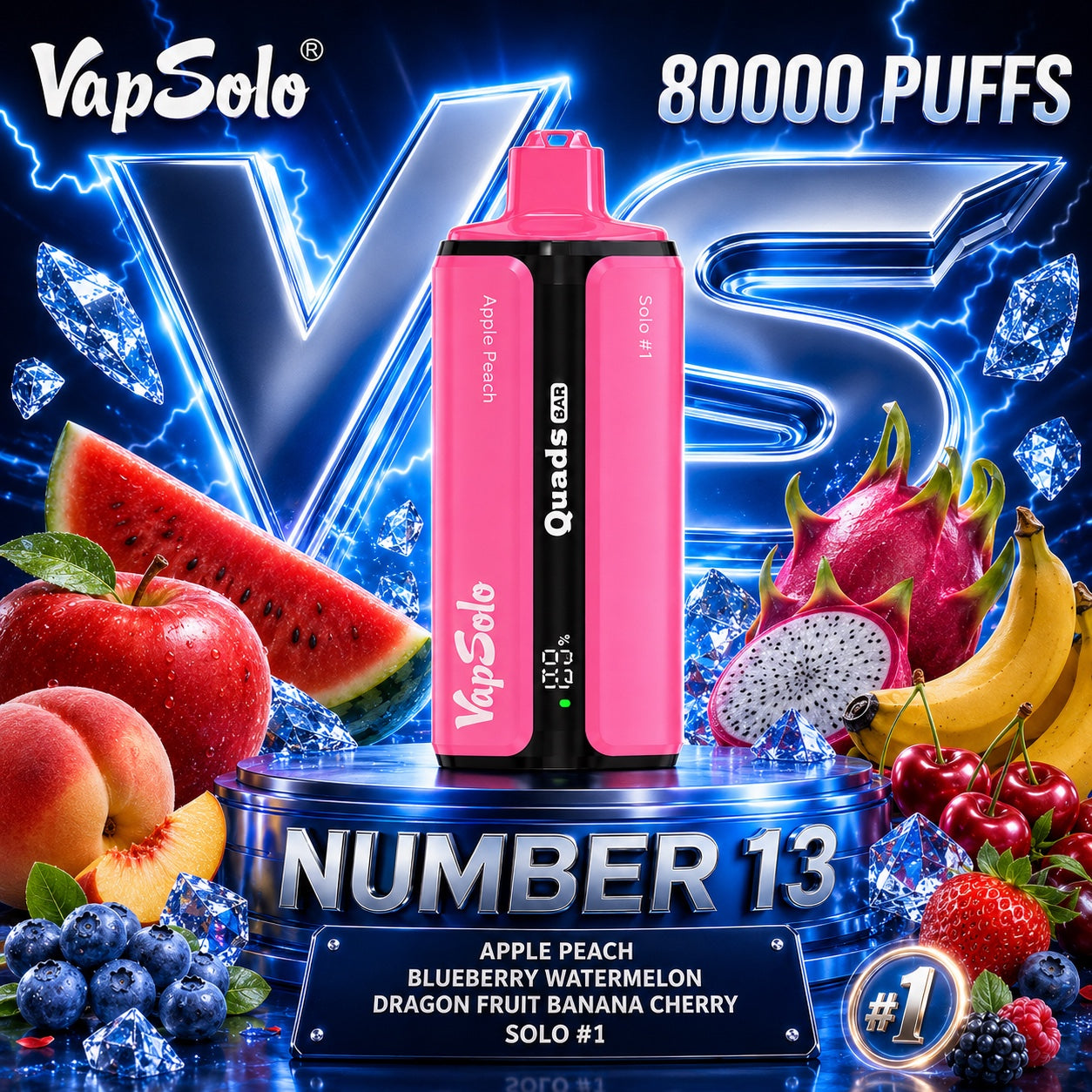 Vapsolo Quads 80K Puffs sabor Apple Peach, Blueberry Watermelon, Dragon Fruit Banana Cherry y Solo