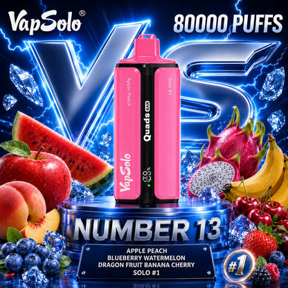 Vapsolo Quads 80K Puffs sabor Apple Peach, Blueberry Watermelon, Dragon Fruit Banana Cherry y Solo