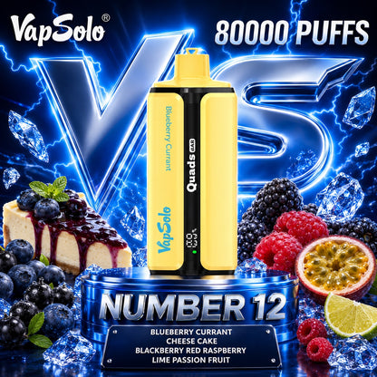 Vapsolo Quads 80K Puffs sabor Blueberry Currant, Cheese Cake, Blackberry Red Raspberry y Lime Passion Fruit