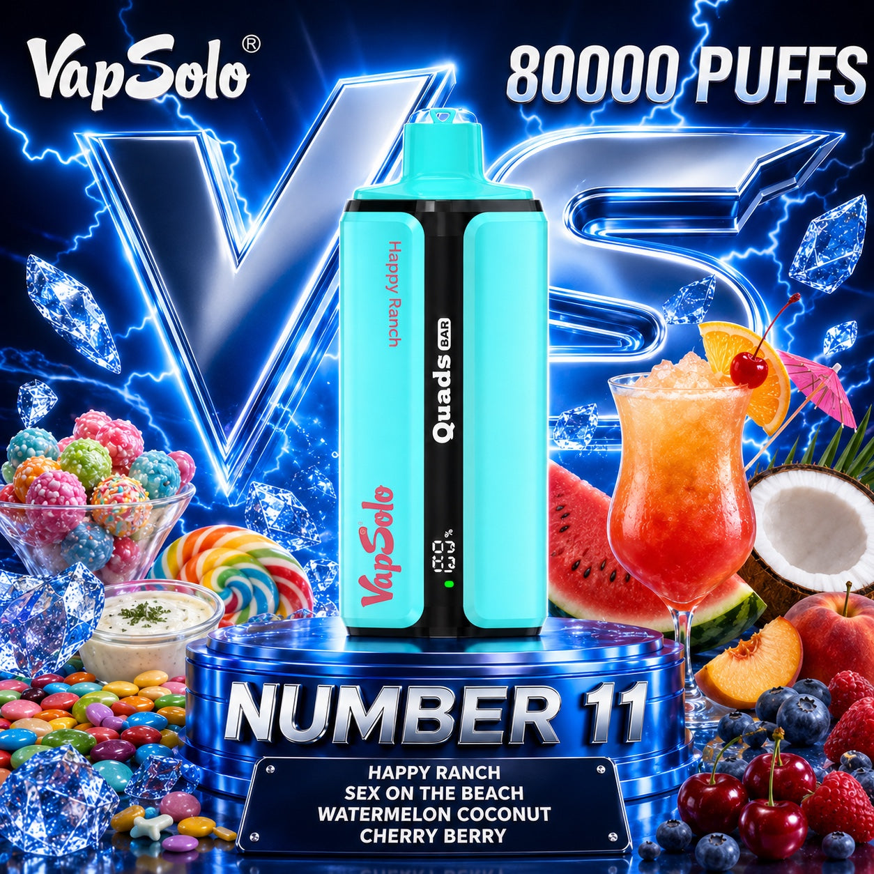 Vapsolo Quads 80K Puffs sabor Happy Ranch, Sex On The Beach, Watermelon Coconut y Cherry Berry