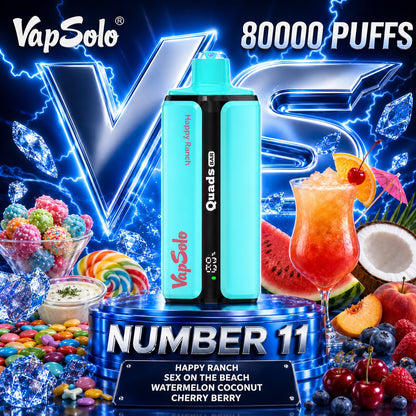 Vapsolo Quads 80K Puffs sabor Happy Ranch, Sex On The Beach, Watermelon Coconut y Cherry Berry