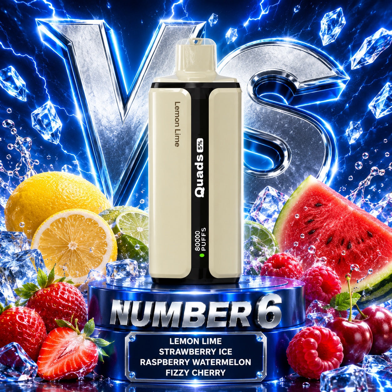 Vapsolo Quads 80K Puffs sabor Lemon Lime, Strawberry Ice, Raspberry Watermelon y Fizzy Cherry