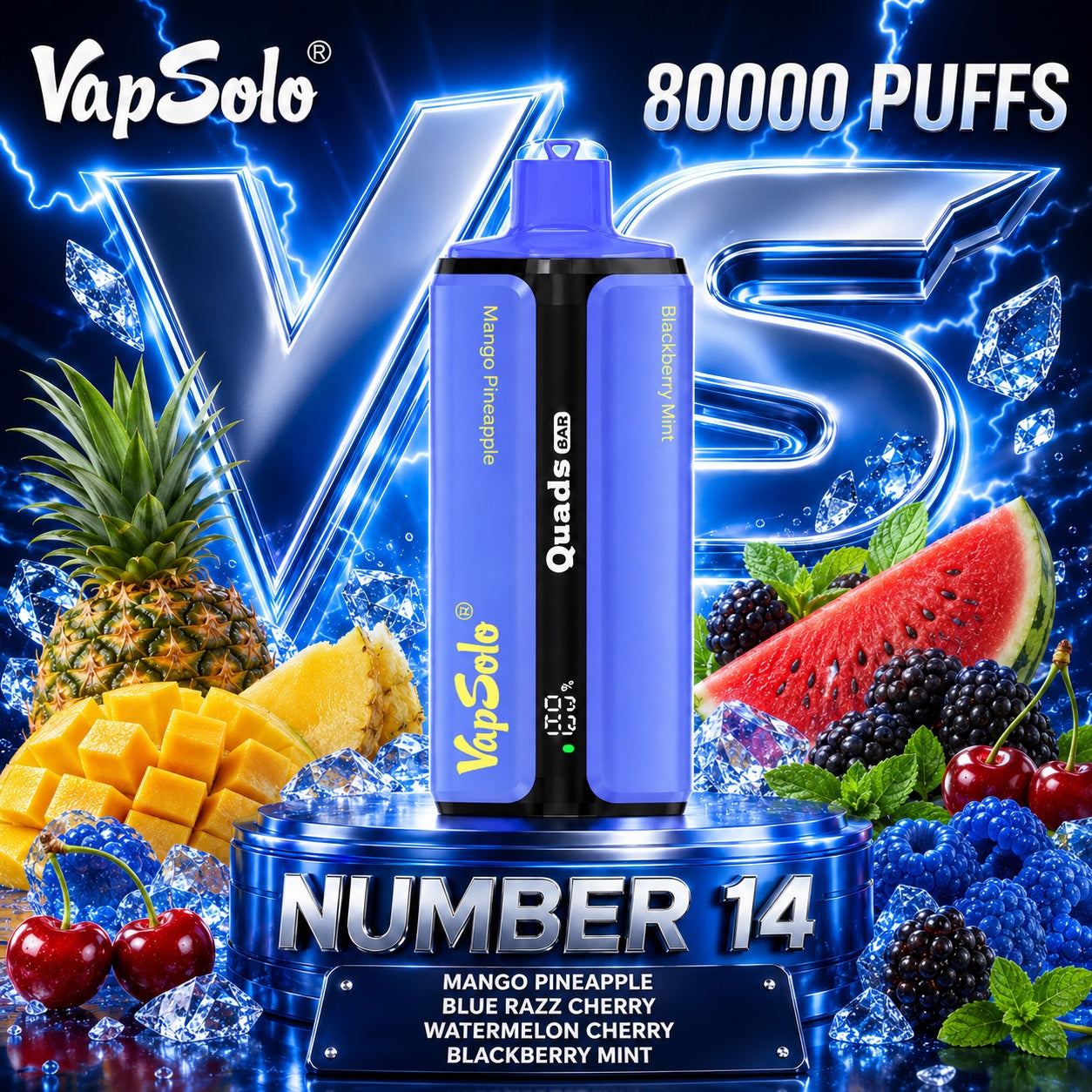 Vapsolo Quads 80K Puffs sabor Mango Pineapple, Blue Razz Cherry, Watermelon Cherry y Blackberry Mint