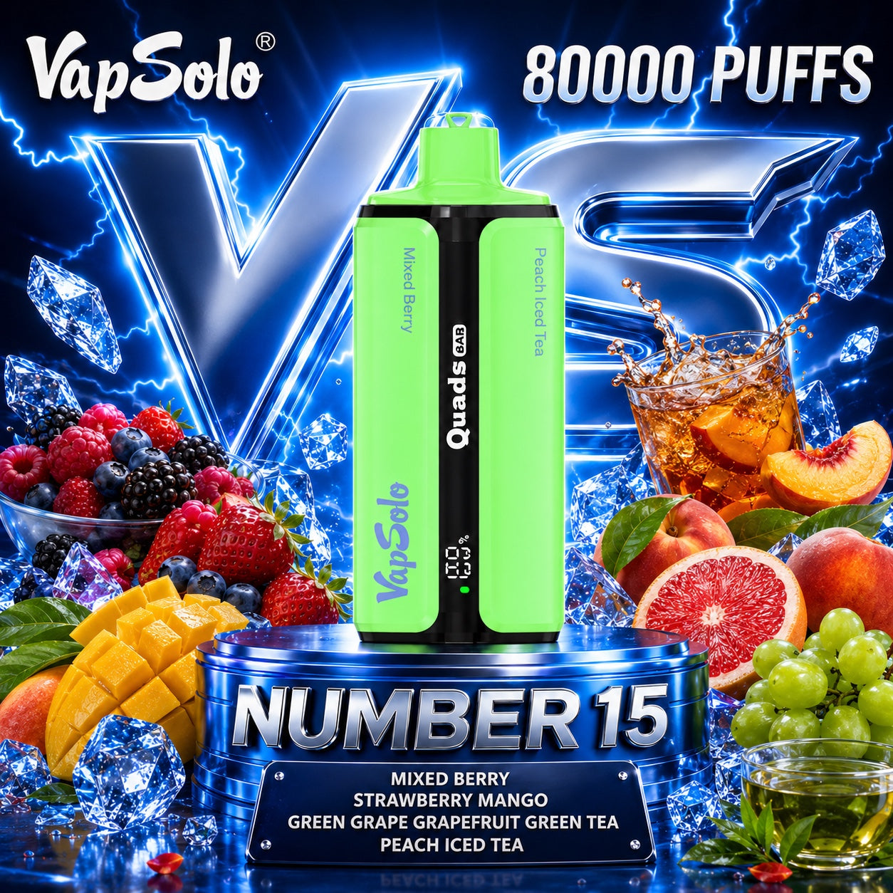 Vapsolo Quads 80K Puffs sabor Mixed Berry, Strawberry Mango, Green Grape Grapefruit Green Tea y Peach Iced Tea