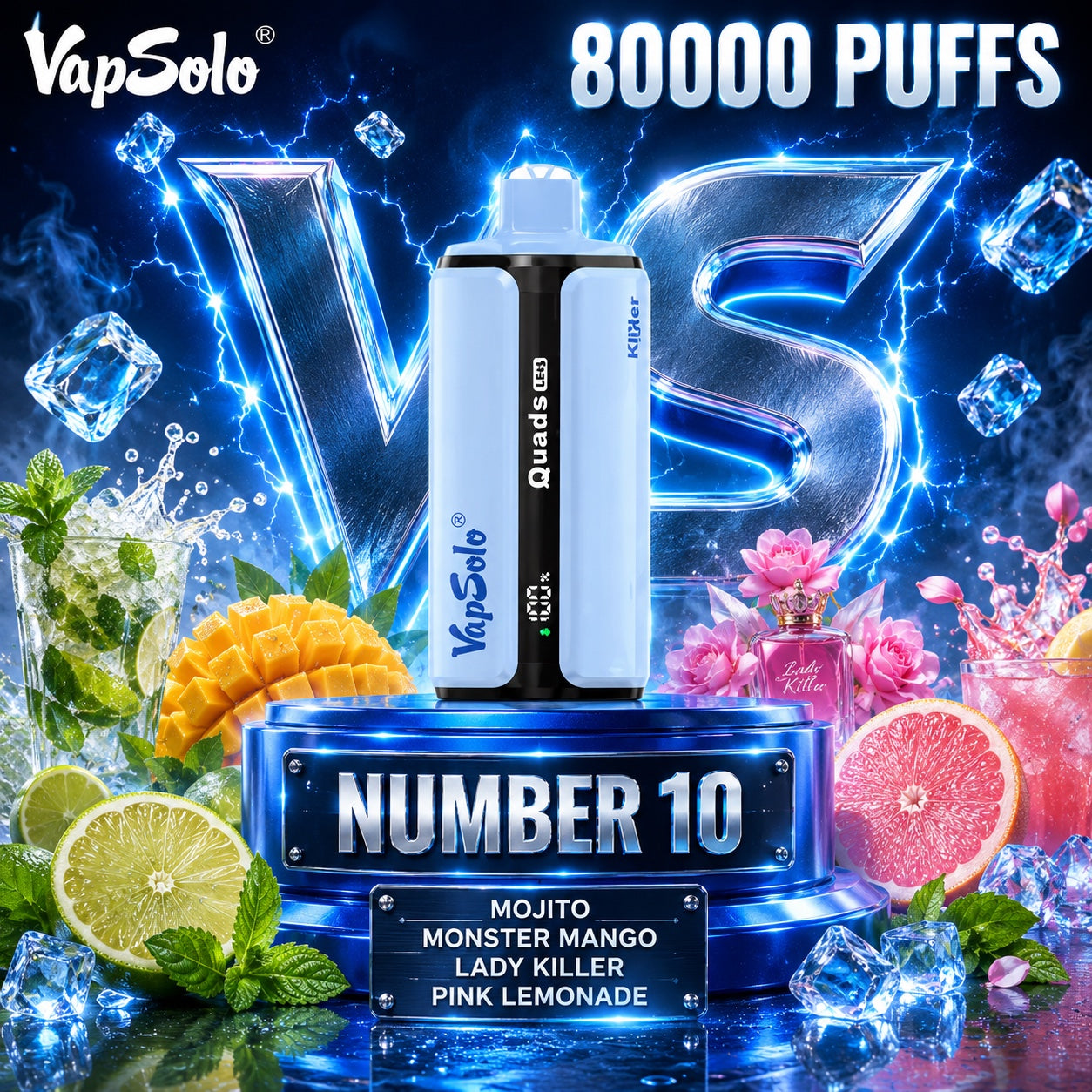 Vapsolo Quads 80K Puffs sabor Mojito, Monster Mango, Lady Killer y Pink Lemonade