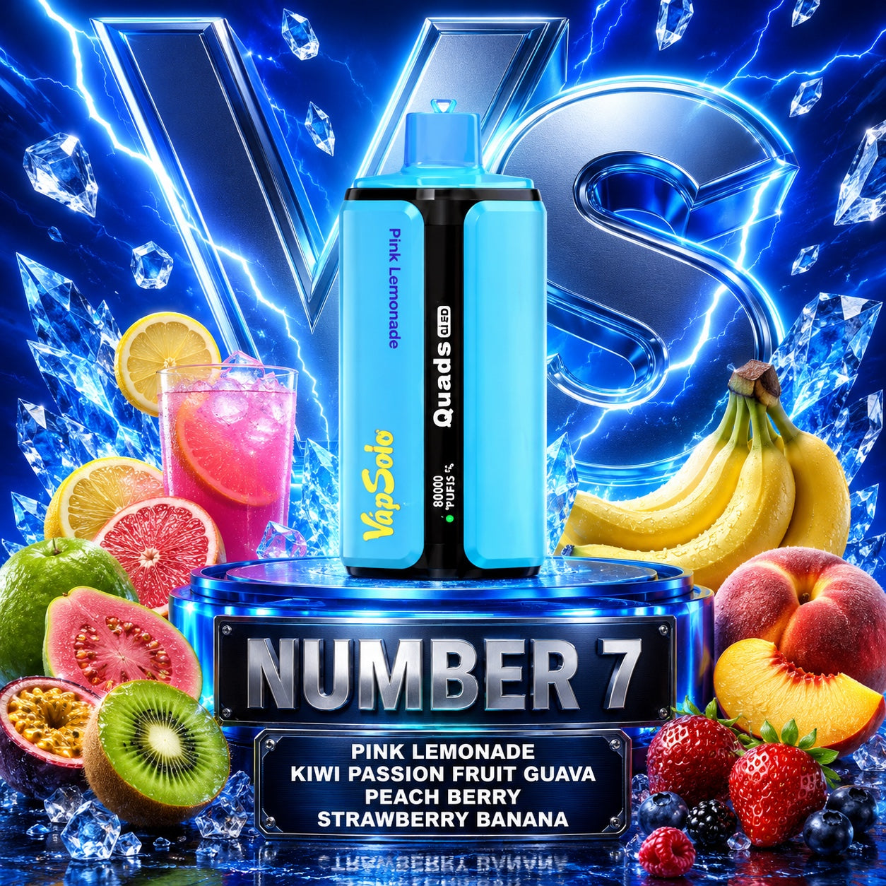 Vapsolo Quads 80K Puffs sabor Pink Lemonade, Kiwi Passion Fruit Guava, Peach Berry y Strawberry Banana