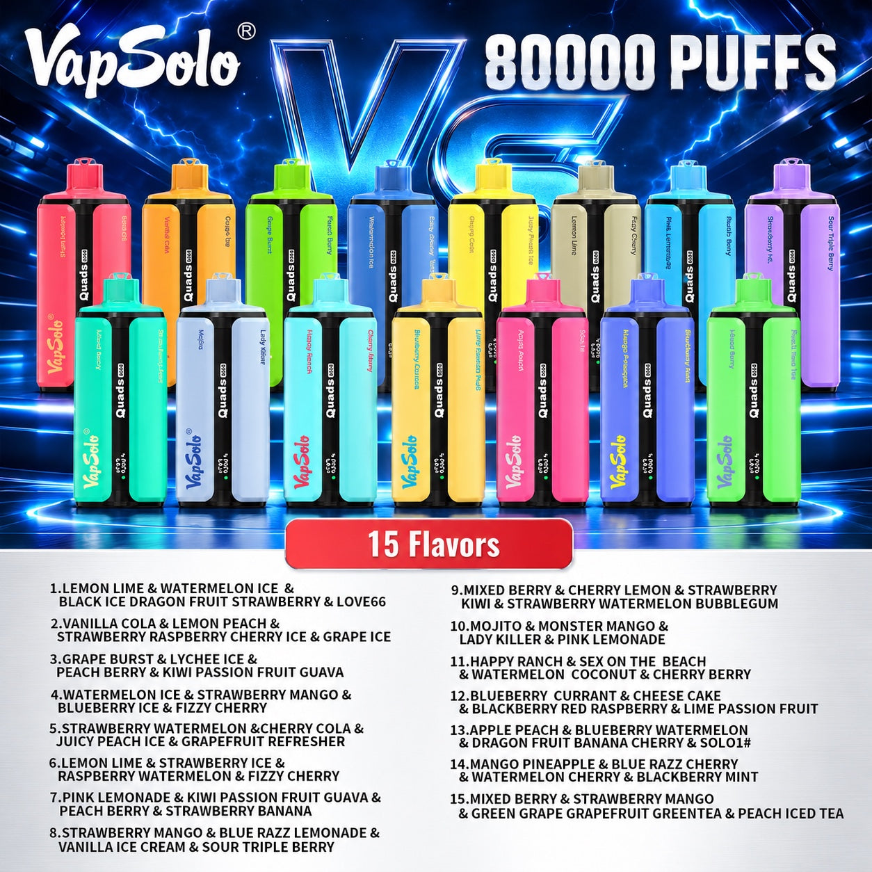 Vapsolo Quads 80K Puffs vape desechable con 15 sabores disponibles