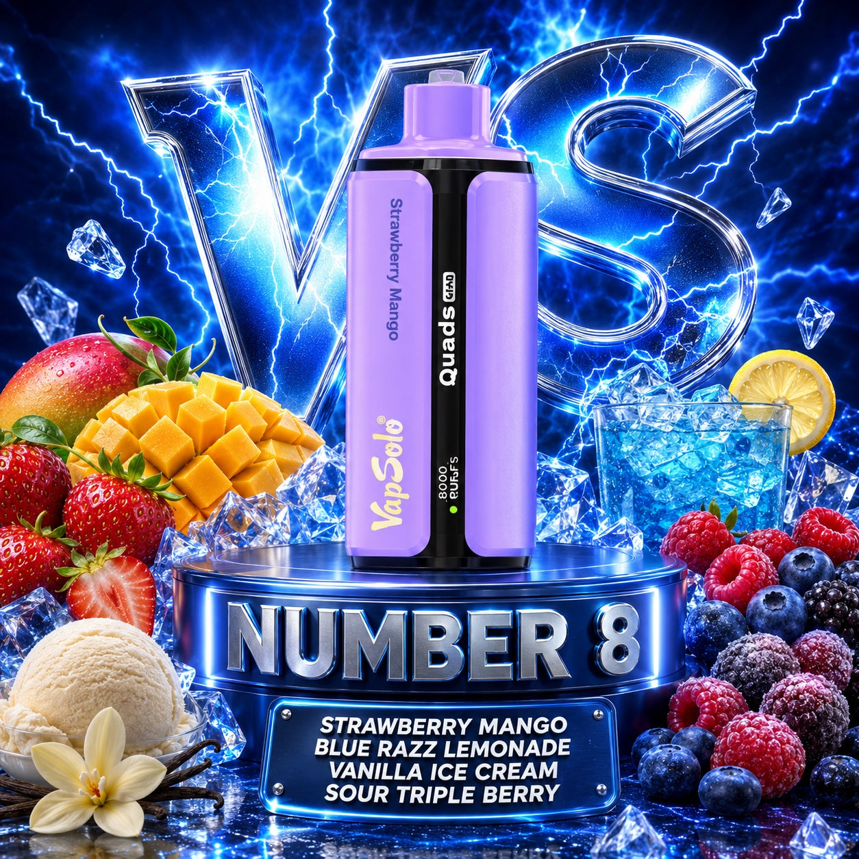 Vapsolo Quads 80K Puffs sabor Strawberry Mango, Blue Razz Lemonade, Vanilla Ice Cream y Sour Triple Berry
