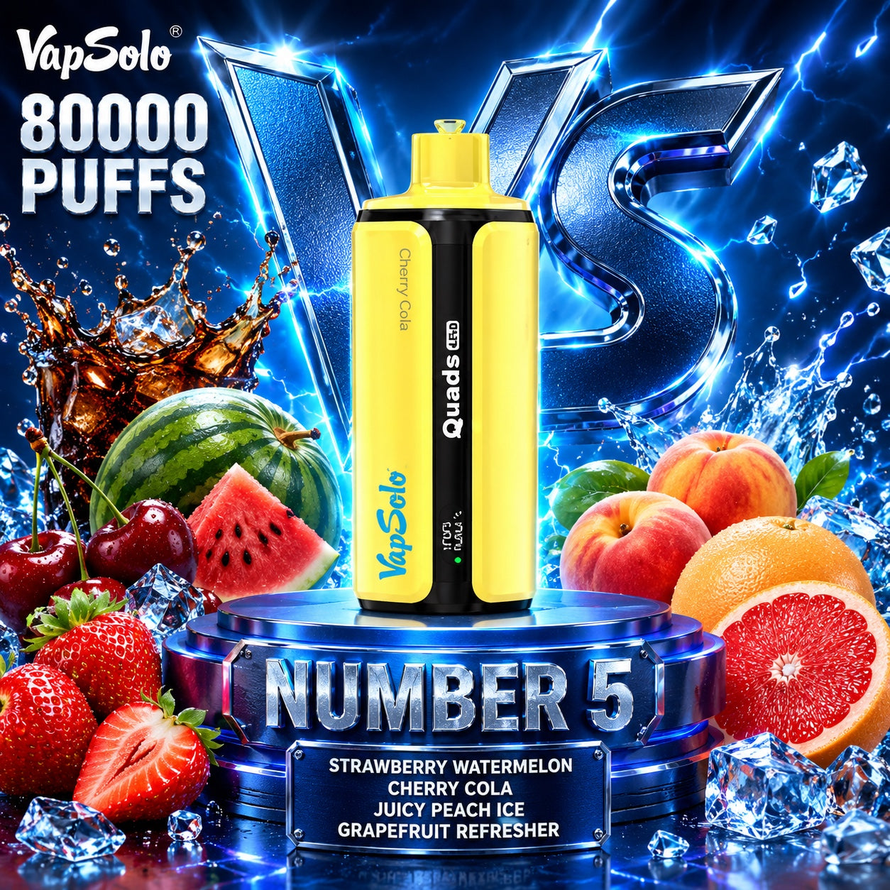 Vapsolo Quads 80K Puffs sabor Strawberry Watermelon, Cherry Cola, Juicy Peach Ice y Grapefruit Refresher

