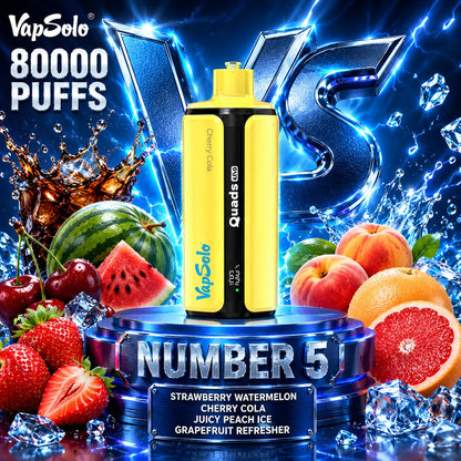 Vapsolo Quads 80K Puffs sabor Strawberry Watermelon, Cherry Cola, Juicy Peach Ice y Grapefruit Refresher
