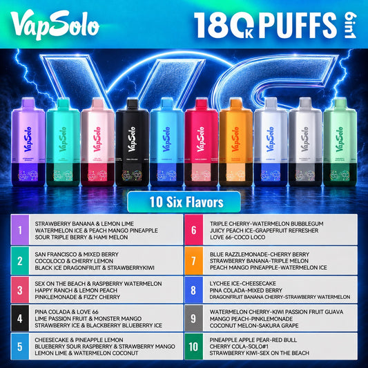 Vapsolo Sixer 180K vape desechable 6 en 1 con sabores disponibles