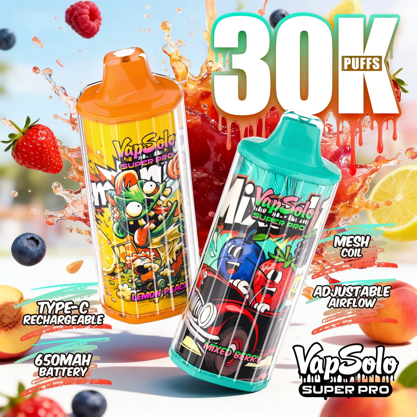 Vapsolo Super Pro 30K Puffs vape desechable recargable con flujo de aire regulable