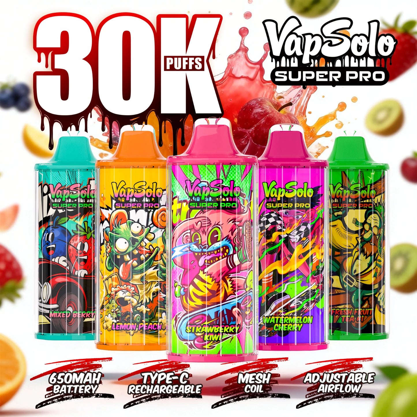 Vapsolo Super Pro 30K Puffs vape desechable con varios sabores disponibles