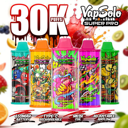 Vapsolo Super Pro 30K Puffs vape desechable con varios sabores disponibles